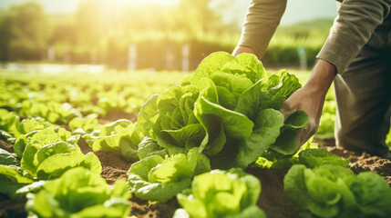 a male farmer holds lettuce in his hands on the background of a field with lettuce - obrazy, fototapety, plakaty
