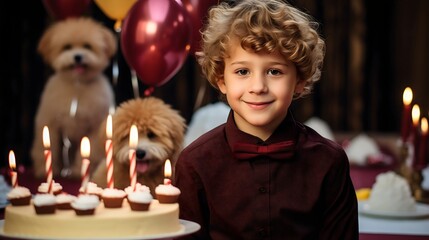 Cute and beautiful young male boy birthday party, standing in front of the colorful balloons, chocolate cake with candles on the table. Wearing a dark red shirt with a bow tie, smiling at the camera