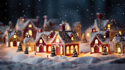 miniature Enchanted winter village, A magical scene of a miniature snow-covered village illuminated from within, nestled amidst a serene winter landscape under the starry night sky