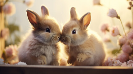 Obraz premium Two cute rabbits love. Friendship with the Easter Bunny. Happy rabbit.Generative AI