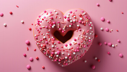 Pink Heart Delight: Centered Heart-shaped Donut with Pink Glaze and Sprinkles on a Rosy Background Bird's eye-view