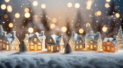 miniature Enchanted winter village, A magical scene of a miniature snow-covered village illuminated from within, nestled amidst a serene winter landscape under the starry night sky - obrazy, fototapety, plakaty