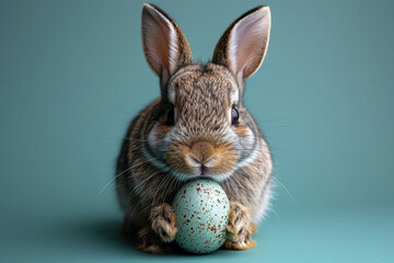 Obraz premium Easter bunny rabbit with painted egg on pastel background. Easter holiday concept