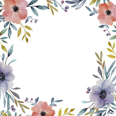Fototapeta premium Watercolor floral frame with anemones. Hand painted flowers and leaves.