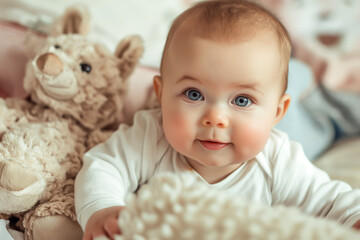 A bright-eyed baby with a plush teddy bear, radiating joy and curiosity.