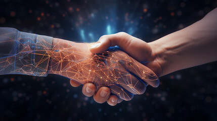 Digital generated human hand and businessman shaking hands.Generative AI - obrazy, fototapety, plakaty