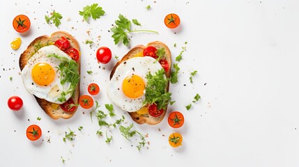 The top of egg toasts with seasonings and tomatoes on a white background is depicted in this morning meal photo, which includes breakfast, lunch, and dinner food.
