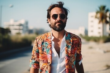 Handsome young man wearing a colorful shirt and sunglasses on the city street