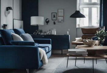 Dark blue sofa and recliner chair in Scandinavian apartment Interior design of modern living room