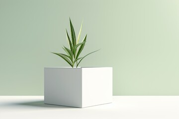 Still life with a plant on a white cube