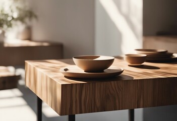 Empty minimal natural wooden table counter podium beautiful wood grain in sunlight shadow on white