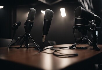 Two chairs and microphones in podcast or interview room on dark background as a wide banner