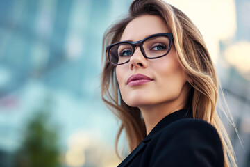 A confident woman with stylish glasses and flowing hair looking upwards, city backdrop.