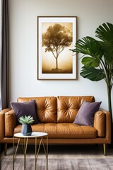 brown leather sofa with tree photo in wooden frame