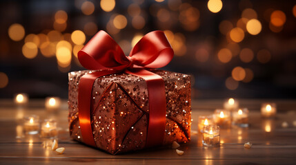 Pacchetto regalo per San Valentino con fiocco e luci sfondate sullo sfondo - obrazy, fototapety, plakaty