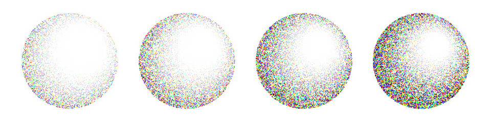Round shaped dotted objects, vintage stipple elements. Fading gradient. Stippling, dotwork drawing, shading using dots. Colored disintegration effect. Noise grainy texture. Vector illustration