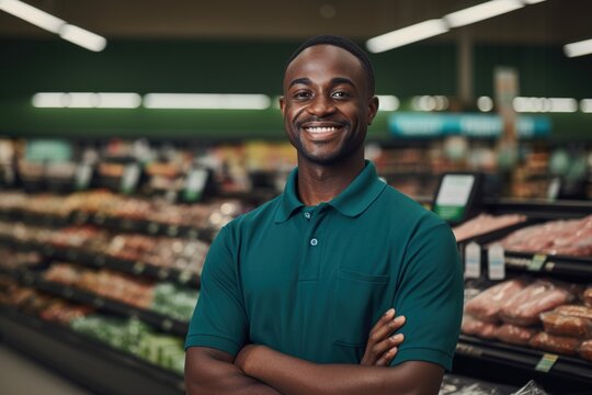 Portrait of a happy African American grocery store employee