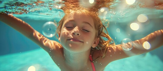 Young girl makes underwater bubbles in pool.