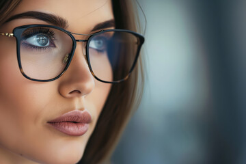 Close-up of a woman with large glasses and reflective lenses.