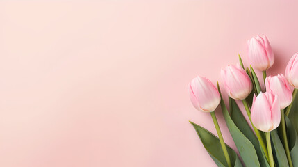beautiful bunch of pink tulips flowers on decent pastel rose background - the background offers lots of space for text - obrazy, fototapety, plakaty