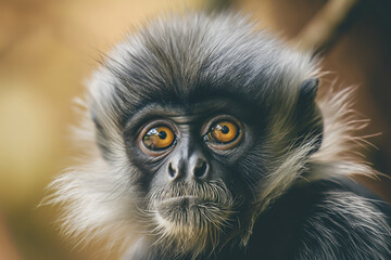 Fototapeta premium A close-up of a black and white monkey with expressive orange eyes.