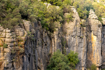 Fototapeta na wymiar Panorama landscape of Tazı Kanyonu (aka Eagles Canyon, Tazi Canyon) and Bilgelik Vadisi (aka Wisdom Valley). Located in Köprülü Canyon National Park, Antalya, Turkey