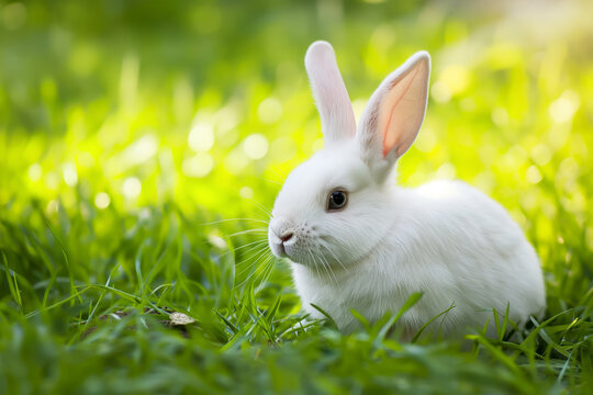 A serene white rabbit nestled in lush green grass, with a soft glow of sunlight surrounding it.
