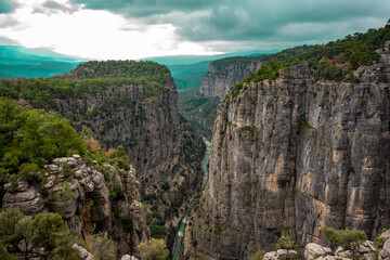 Naklejka premium Panorama landscape of Tazı Kanyonu (aka Eagles Canyon, Tazi Canyon) and Bilgelik Vadisi (aka Wisdom Valley). Located in Köprülü Canyon National Park, Antalya, Turkey