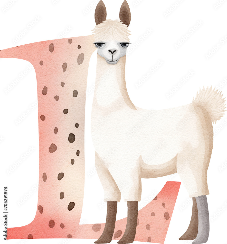 Aufkleber Letter L with llama illustration created with Generative AI technology