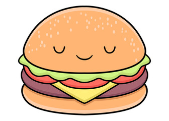 Vector hamburger. flat color. cute character. fast food illustration isolated on white background