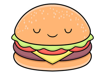 Vector hamburger. flat color. cute character. fast food illustration isolated on white background