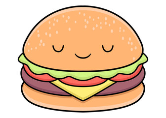 Vector hamburger. flat color. cute character. fast food illustration isolated on white background