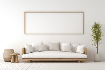 Fototapeta premium Modern Interior Design Living Room with white sofa and empty wall mockup
