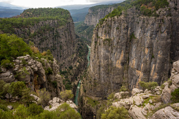 Panorama landscape of Tazı Kanyonu (aka Eagles Canyon, Tazi Canyon) and Bilgelik Vadisi (aka Wisdom Valley). Located in Köprülü Canyon National Park, Antalya, Turkey