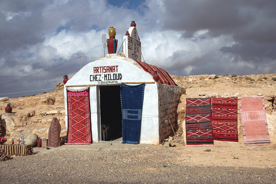 Toujane, Tunisia - October 15, 2006: Kilims for sale in Toujane Berber village near Matmata city, Kebili Governorate