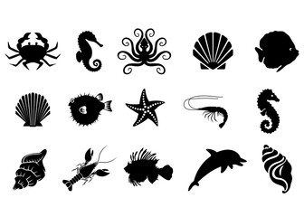 marine life. sea life animals, aquatic animal silhouette vector illustration isolated on white - obrazy, fototapety, plakaty