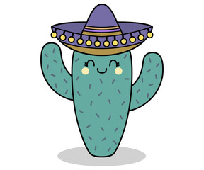 vector cute cactus character. mexican style. plant hand drawn. illustration isolated on white 