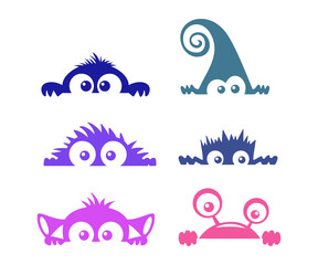 Set of funny cartoon monsters hanging on the wall. vector illustration isolated on white background