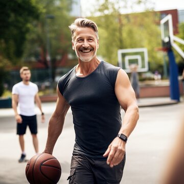 Smiling mature male basketball player dribbling ball on outdoor court