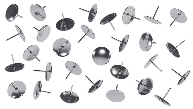 Falling metal push pins isolated on transparent and white background. Office concept. 3D render