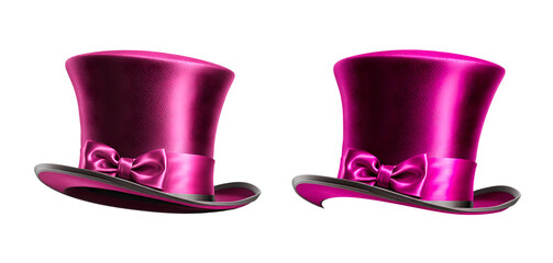 Conjunto de cartolas elegantes cor de rosa com fita e laço brilhante para por na cabeça, isolado em fundo transparente.