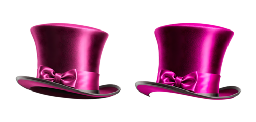 Conjunto de cartolas elegantes cor de rosa com fita e laço brilhante para por na cabeça, isolado em fundo transparente.