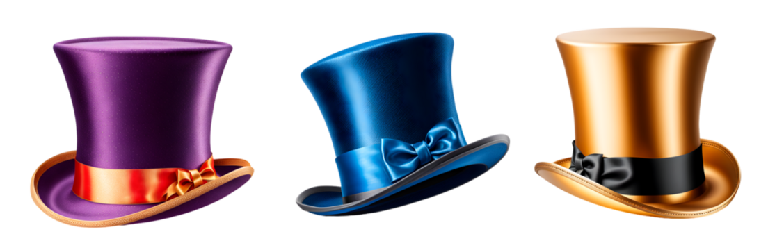 Conjunto de cartolas com fita ao redor e laço de lado, nas cores azul, roxa e dourado, isolado em fundo transparente.