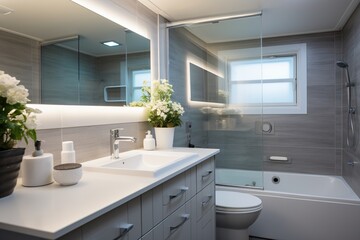 Fototapeta na wymiar Modern bathroom interior with white bathtub and gray tiles