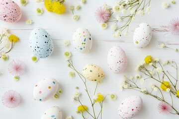 Fototapeta na wymiar Colorfully speckled Easter eggs scattered among fresh spring flowers on a white wooden background.
