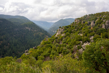 Naklejka premium Panorama landscape of Tazı Kanyonu (aka Eagles Canyon, Tazi Canyon) and Bilgelik Vadisi (aka Wisdom Valley). Located in Köprülü Canyon National Park, Antalya, Turkey