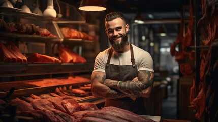 Fototapeta na wymiar a handsome muscular butcher stands in his own shop.Generative AI