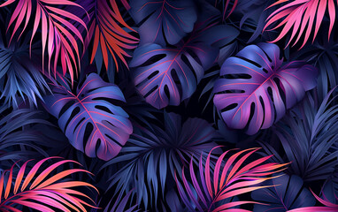 Folhas de palmeira fluorescentes exóticas e padrão sem emenda de textura de leopardo - obrazy, fototapety, plakaty