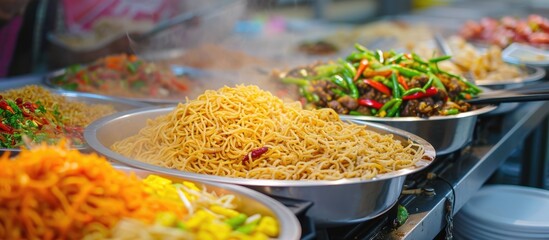 Traditional Asian street food, including fried noodles, can be found in the food court of Langkawi Island's local market, offering a variety of Asian cuisines such as Indian and Chinese.