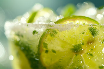 Muddled lime detail, a close-up image highlighting the details of a Caipirinha, focusing on the muddled lime and sugar elements.